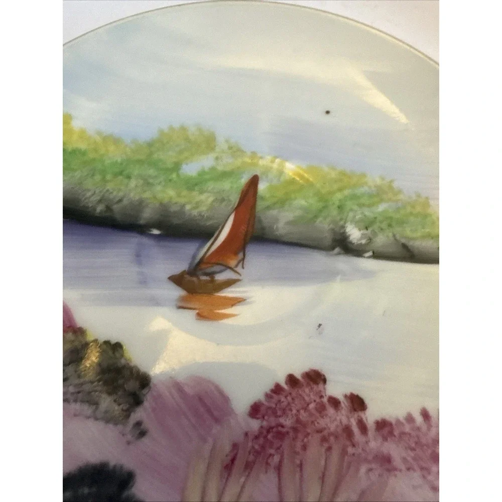 Vintage Ucagco Small Teacup & Saucer Set Sailboat Scene w Gold Trim Japan